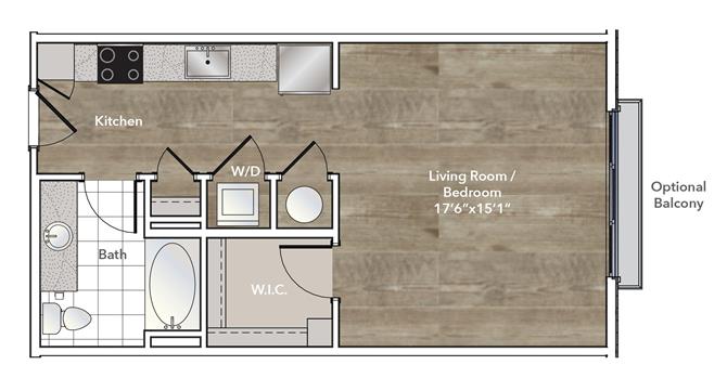 Floor plan for studio, 1 bath, 585 sqft